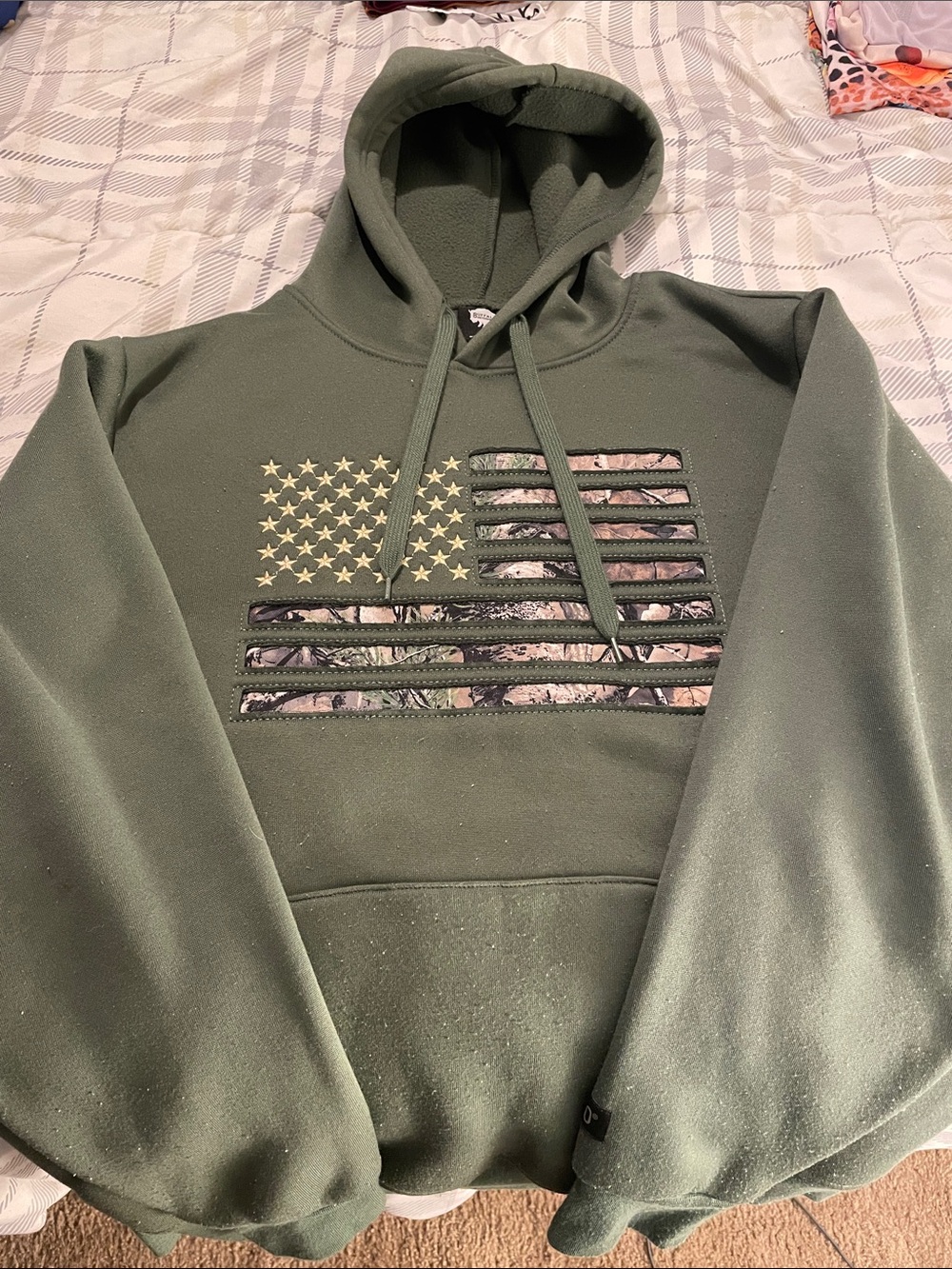 Buffalo David Bitton Olive Green Crewneck Hoodie with American Flag Graphic